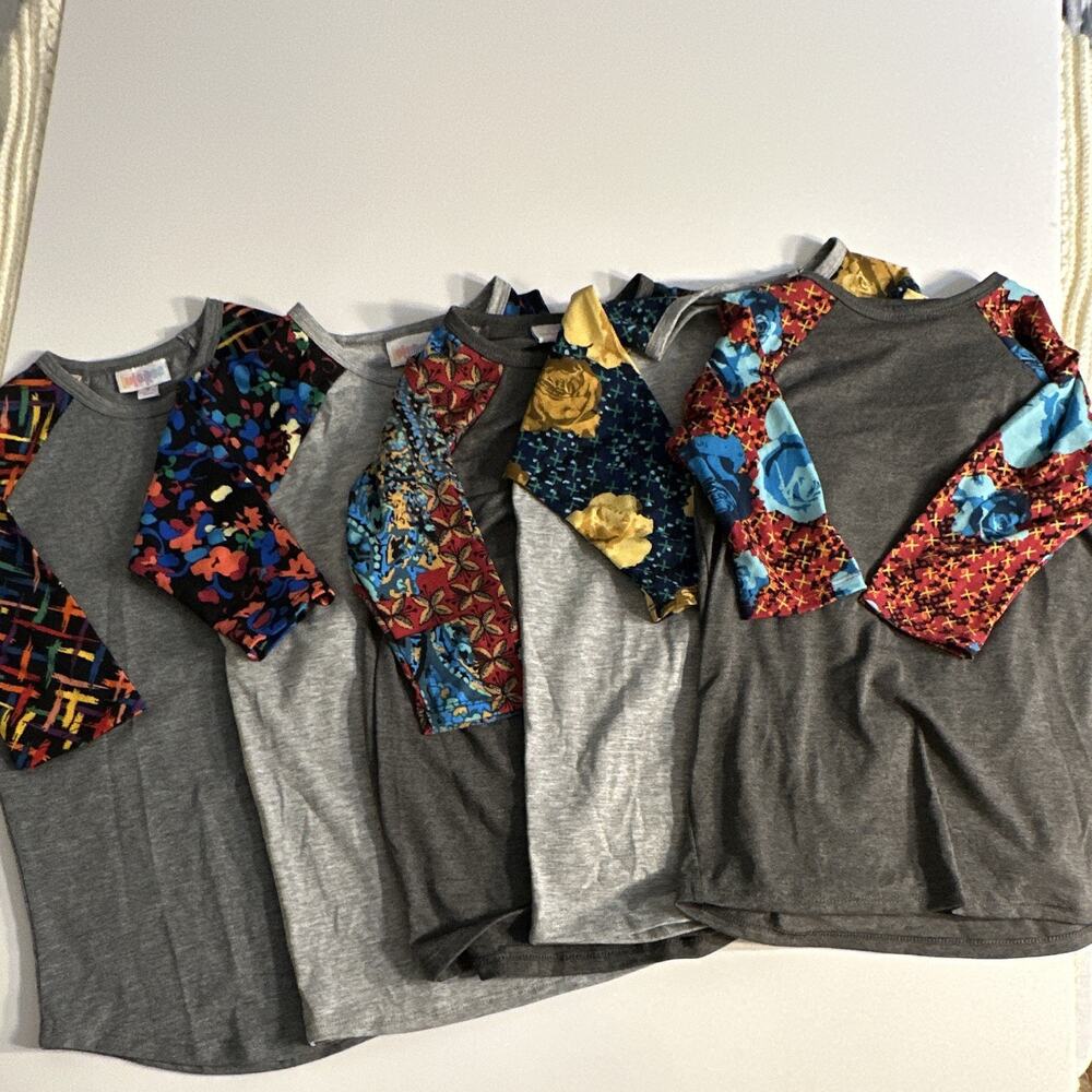 LuLaRoe Kids Size 8 Gray Raglan 3/4 Sleeve Floral Crew Neck T-Shirt Sloan set 5